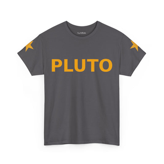 Gray t-shirt with 'PLUTO' in yellow on a white background