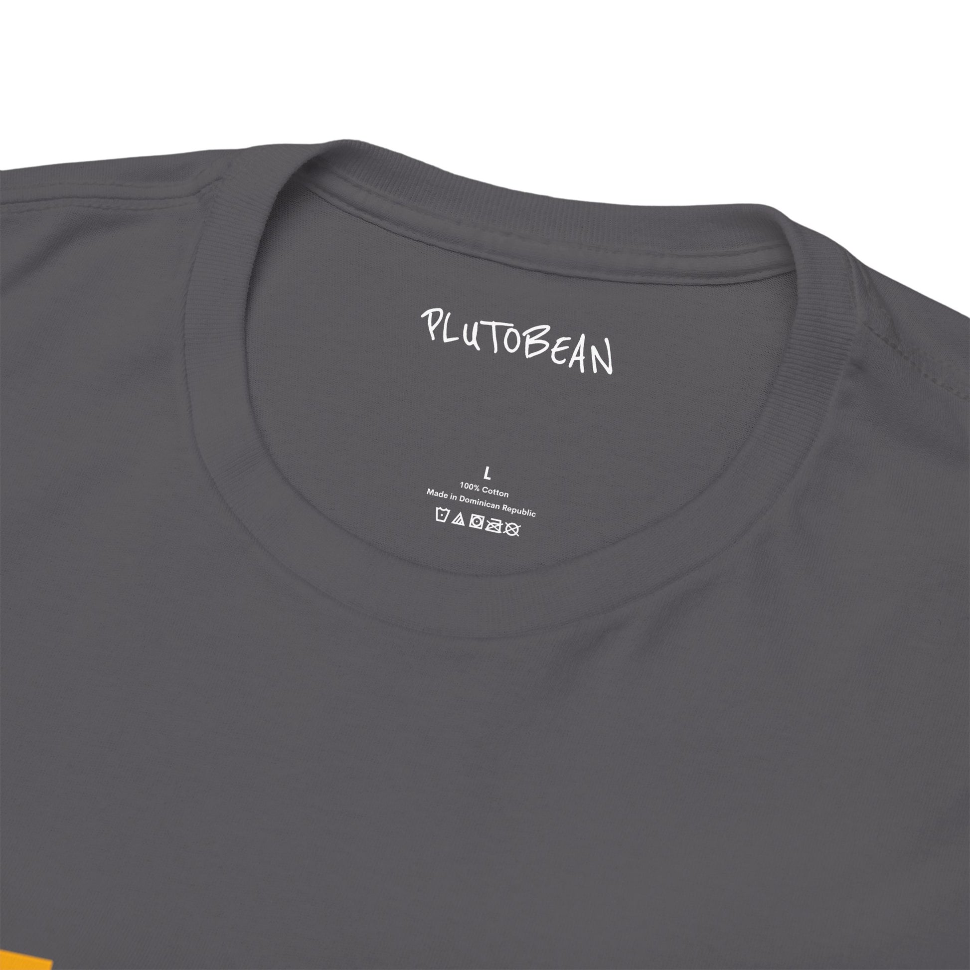 Gray t-shirt with 'PLUTO BEAN' branding on the collar and label.