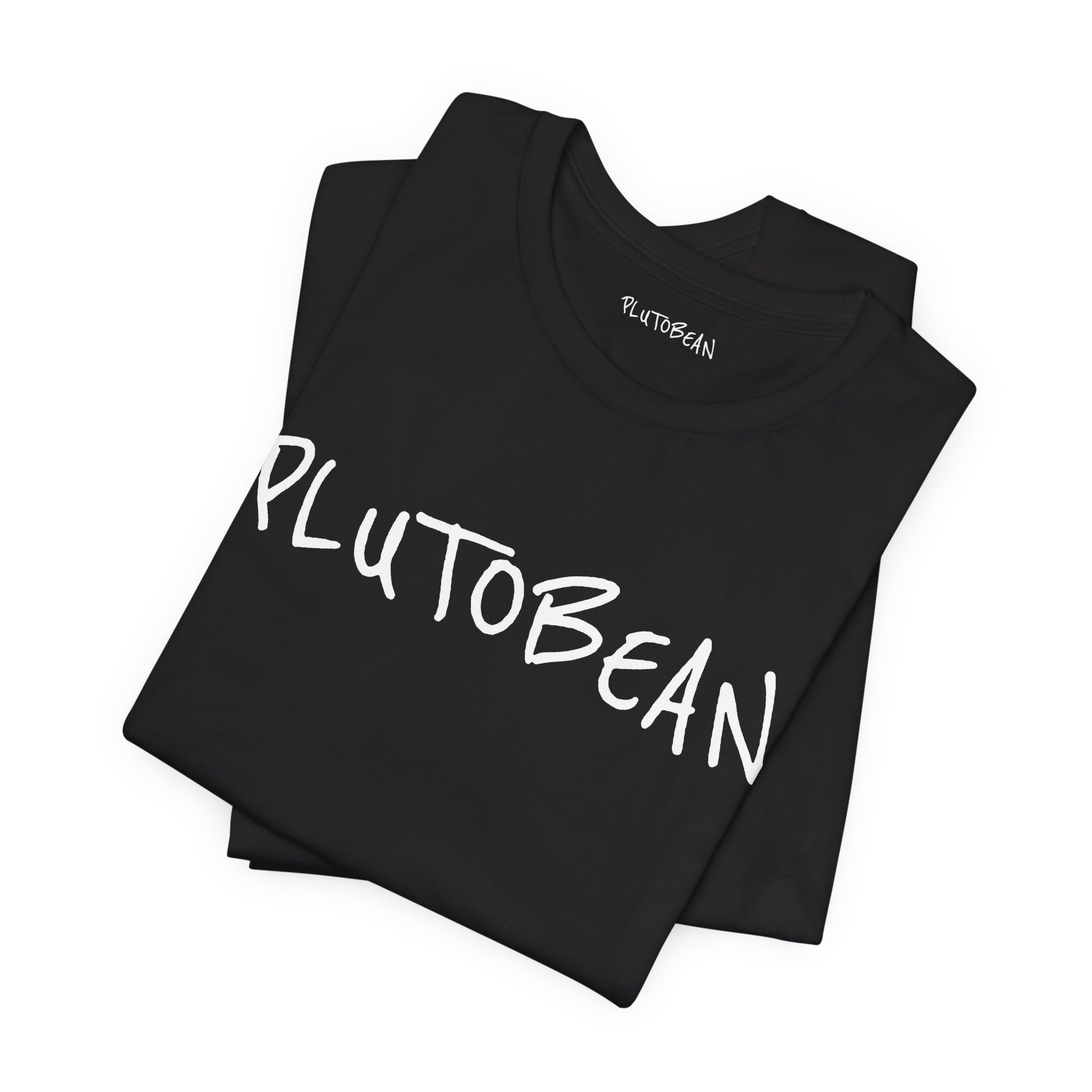 Folded black t-shirt with bold white handwritten “PLUTOBEAN” graphic