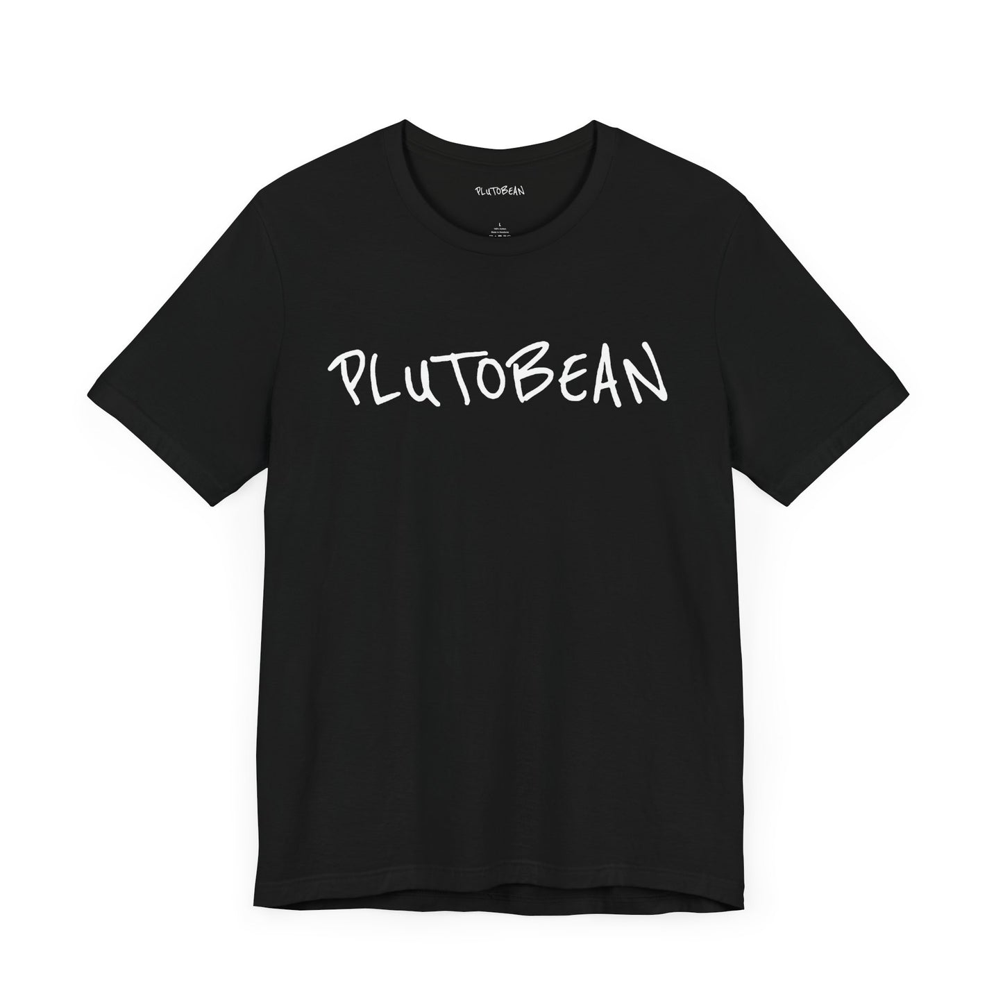 Black t-shirt with the handwritten word “PLUTOBEAN” in bold white lettering across the chest