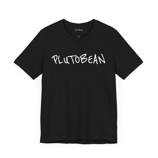 Black t-shirt with the handwritten word “PLUTOBEAN” in bold white lettering across the chest