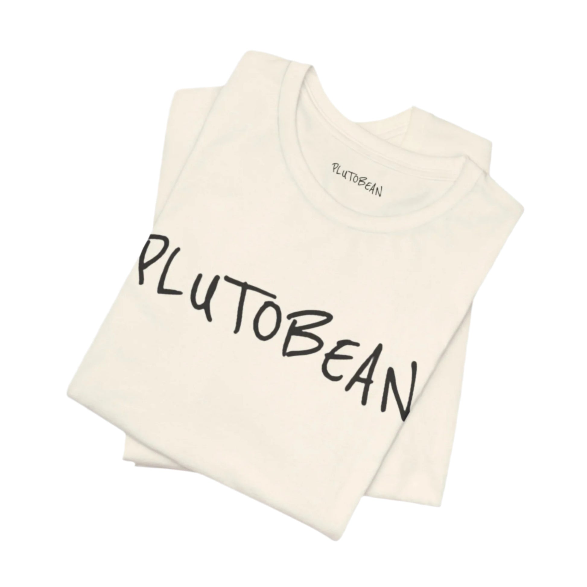 Folded natural t-shirt with bold black handwritten “PLUTOBEAN” graphic