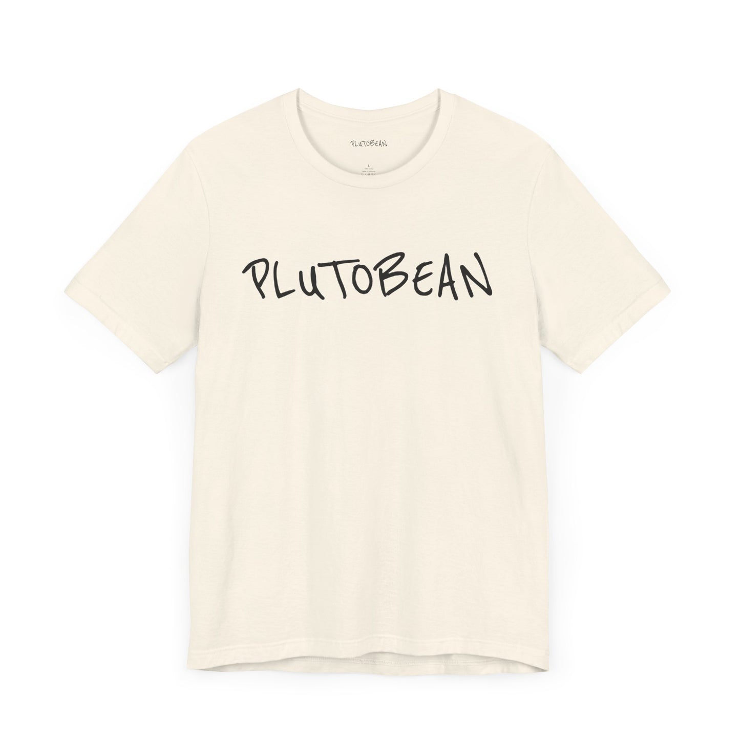 Folded natural t-shirt with bold black handwritten “PLUTOBEAN” graphic