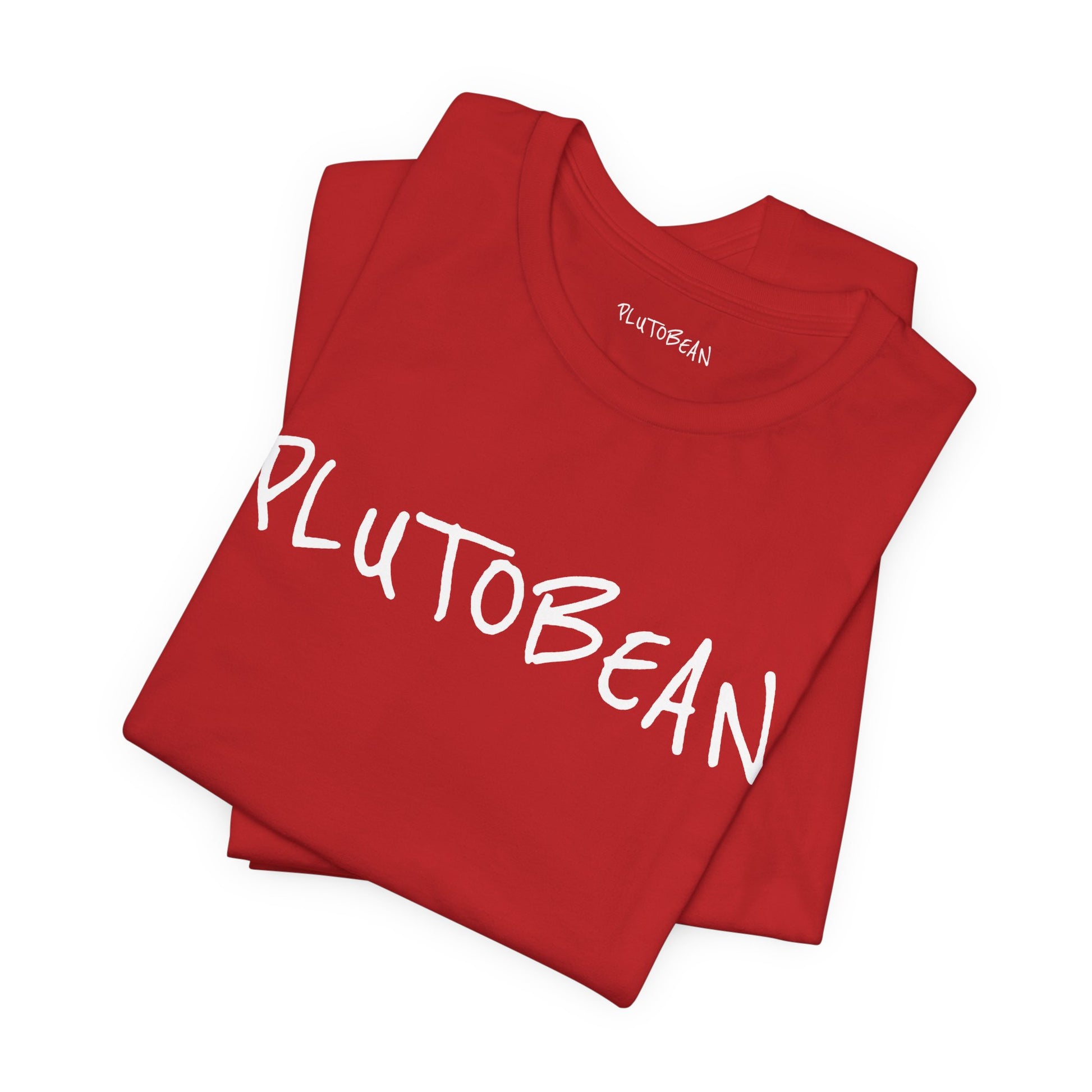 Folded red t-shirt with bold white handwritten “PLUTOBEAN” graphic