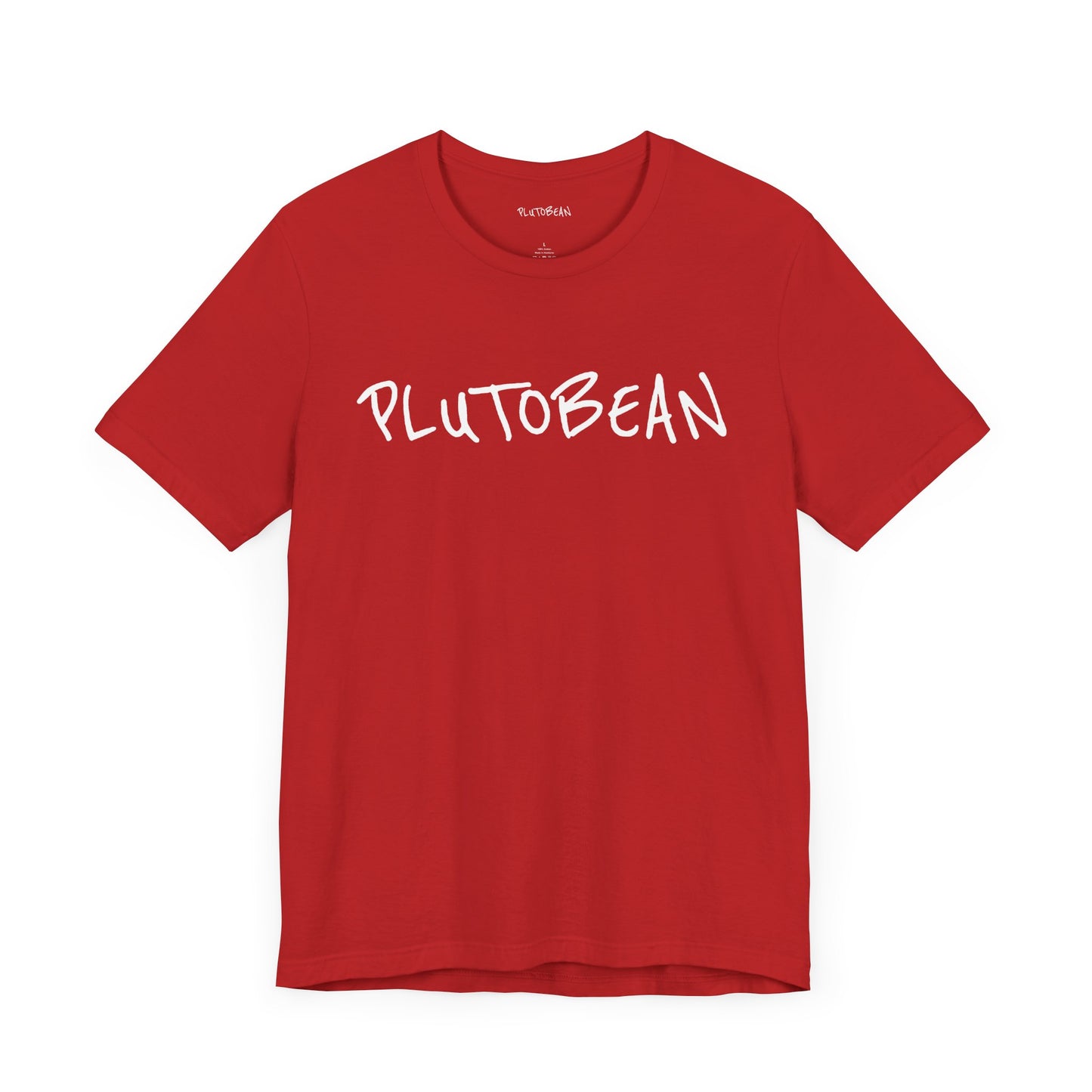 Red t-shirt with the handwritten word “PLUTOBEAN” in bold white lettering across the chest