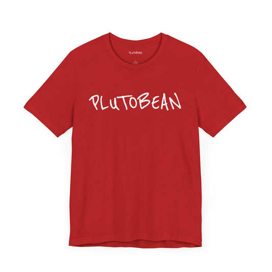 Red t-shirt with the handwritten word “PLUTOBEAN” in bold white lettering across the chest