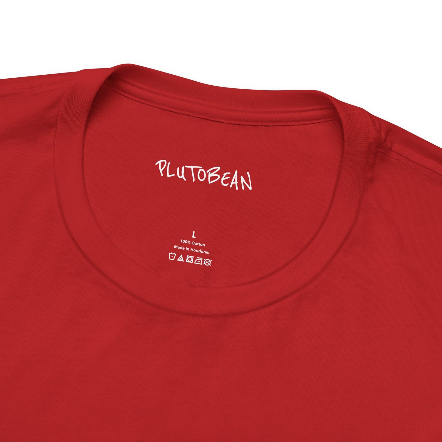 Close-up of neck tag and handwritten “PLUTOBEAN” print on red tee