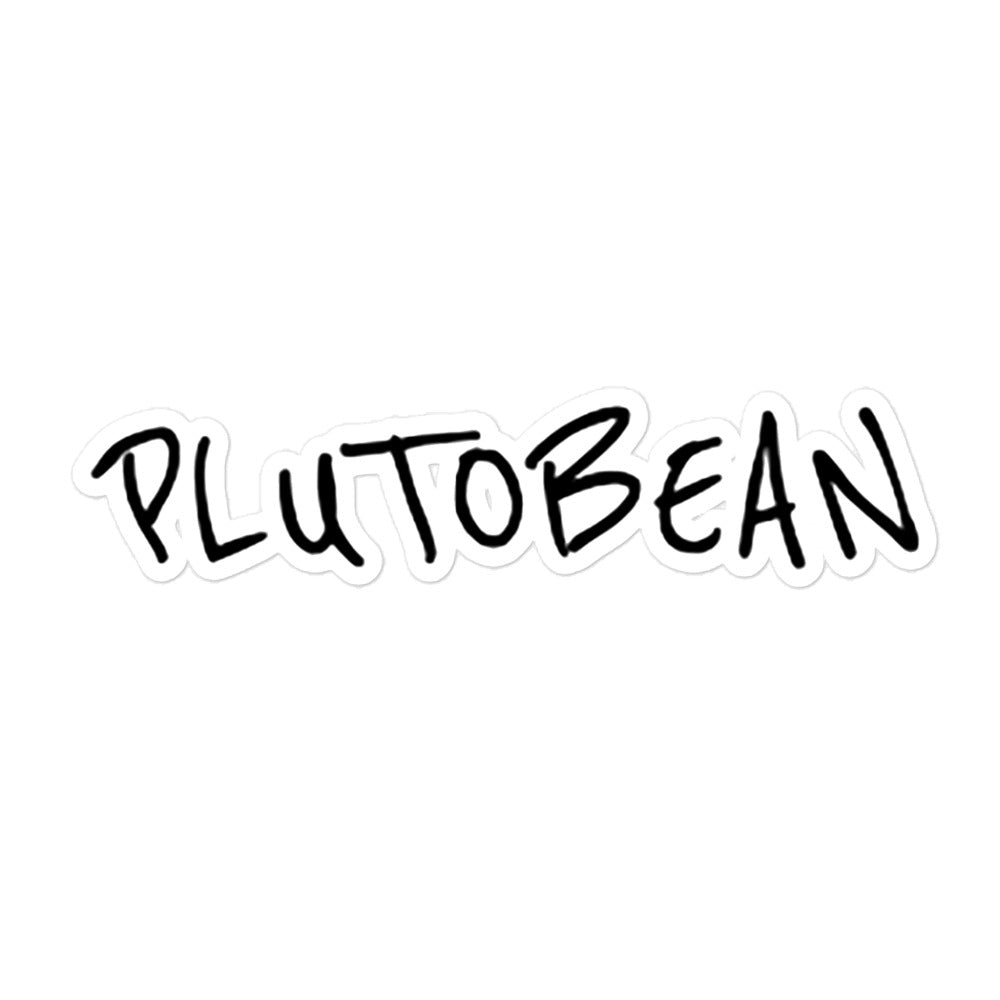 Die-cut sticker with handwritten black “PLUTOBEAN” logo on a white background