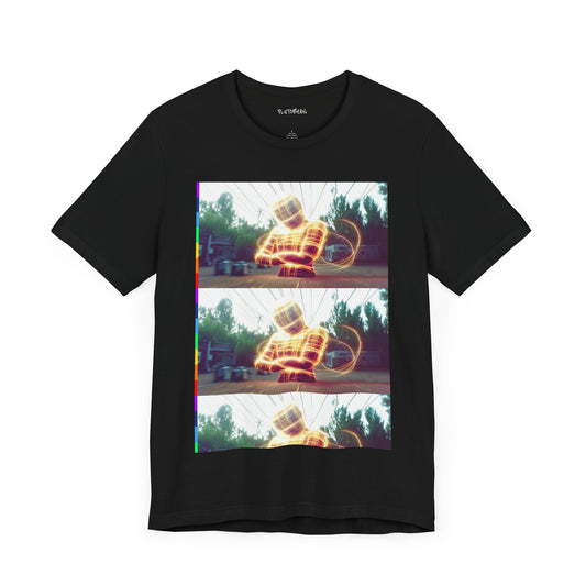 Black t-shirt with a glitch-style triptych of a glowing humanoid figure sitting outside, repeated in three horizontal panels