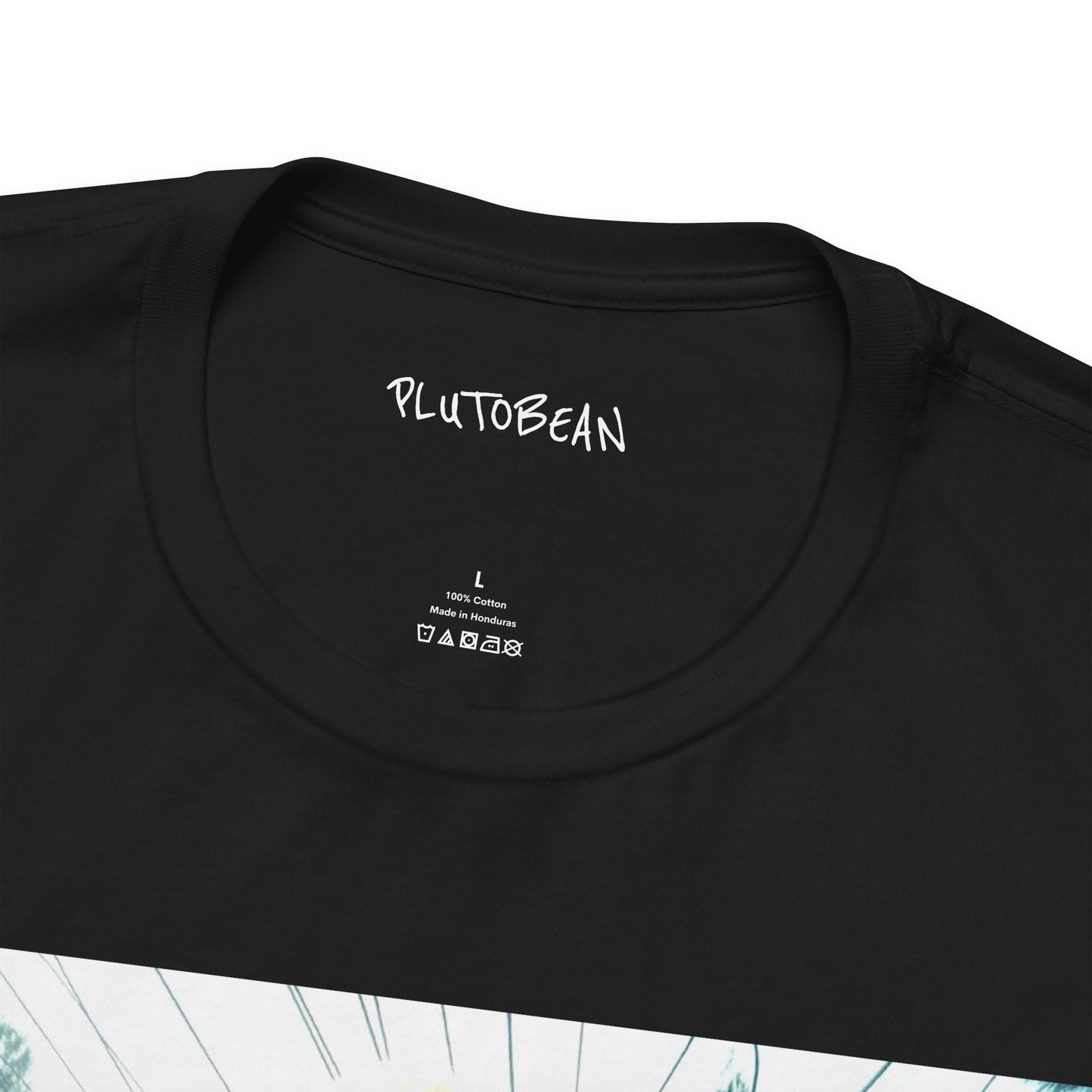 Close-up of neckline and inner label on SPIRIT IS ELECTRIC tee in black