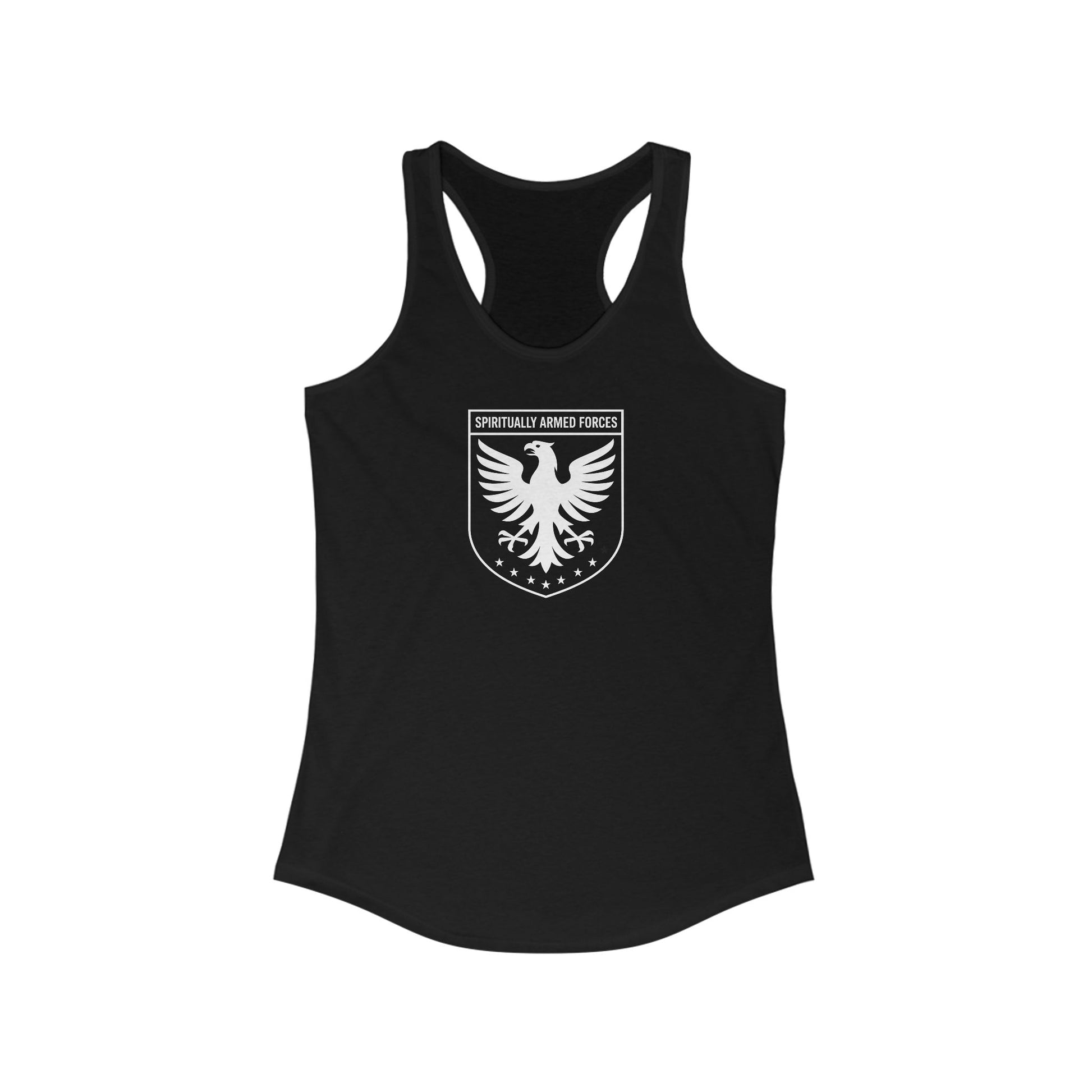Black tank top with a white eagle emblem and text on a white background