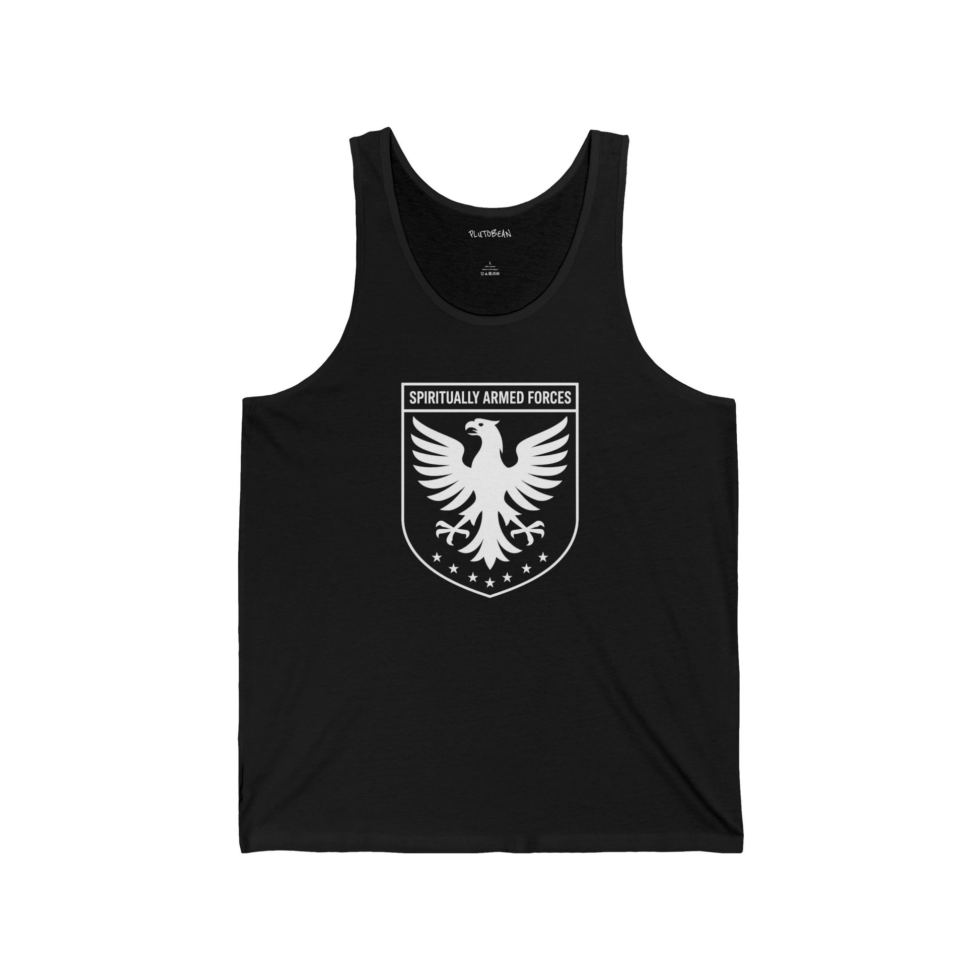 Black tank top with a white eagle emblem and text on a white background