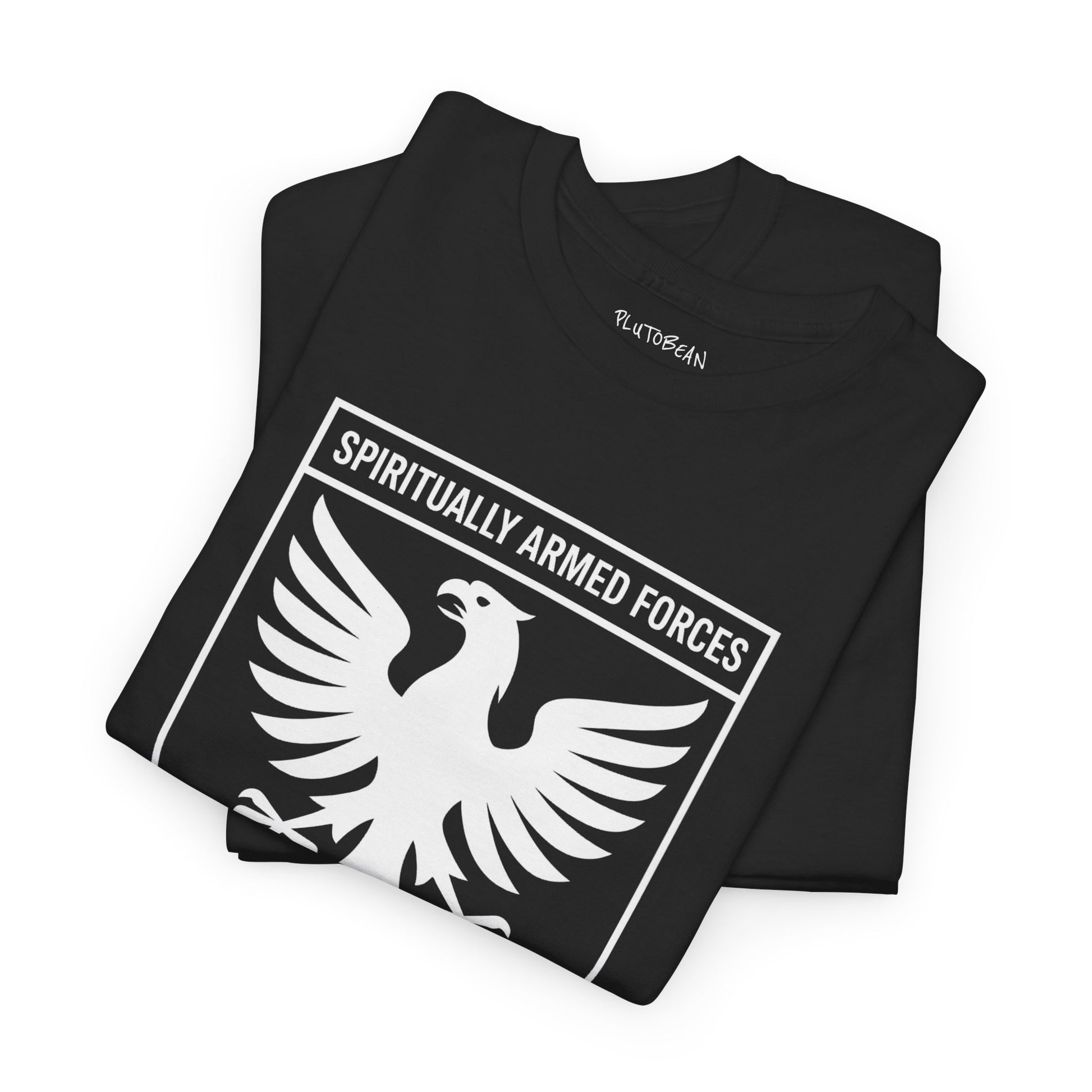 Black t-shirt with 'Spiritually Armed Forces' design on a white background