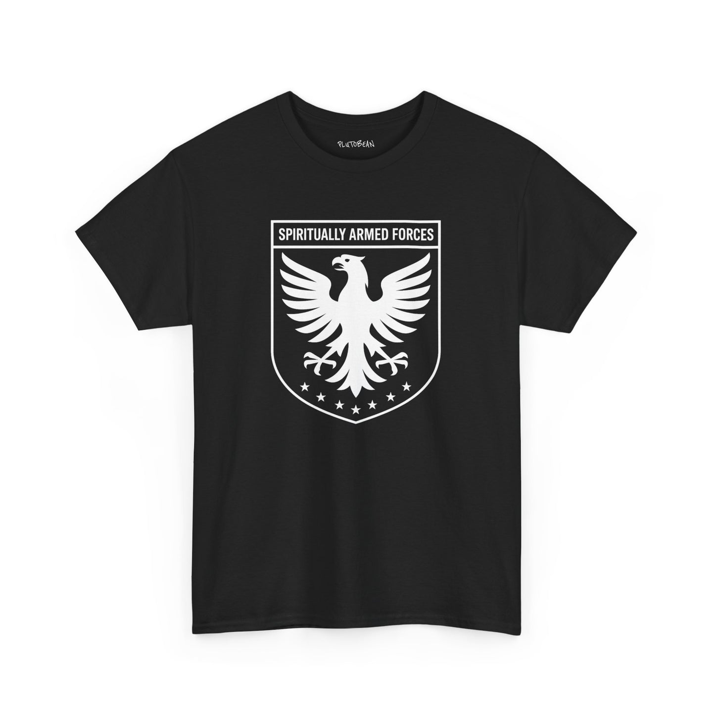 Black t-shirt with a white eagle emblem and text on a white background