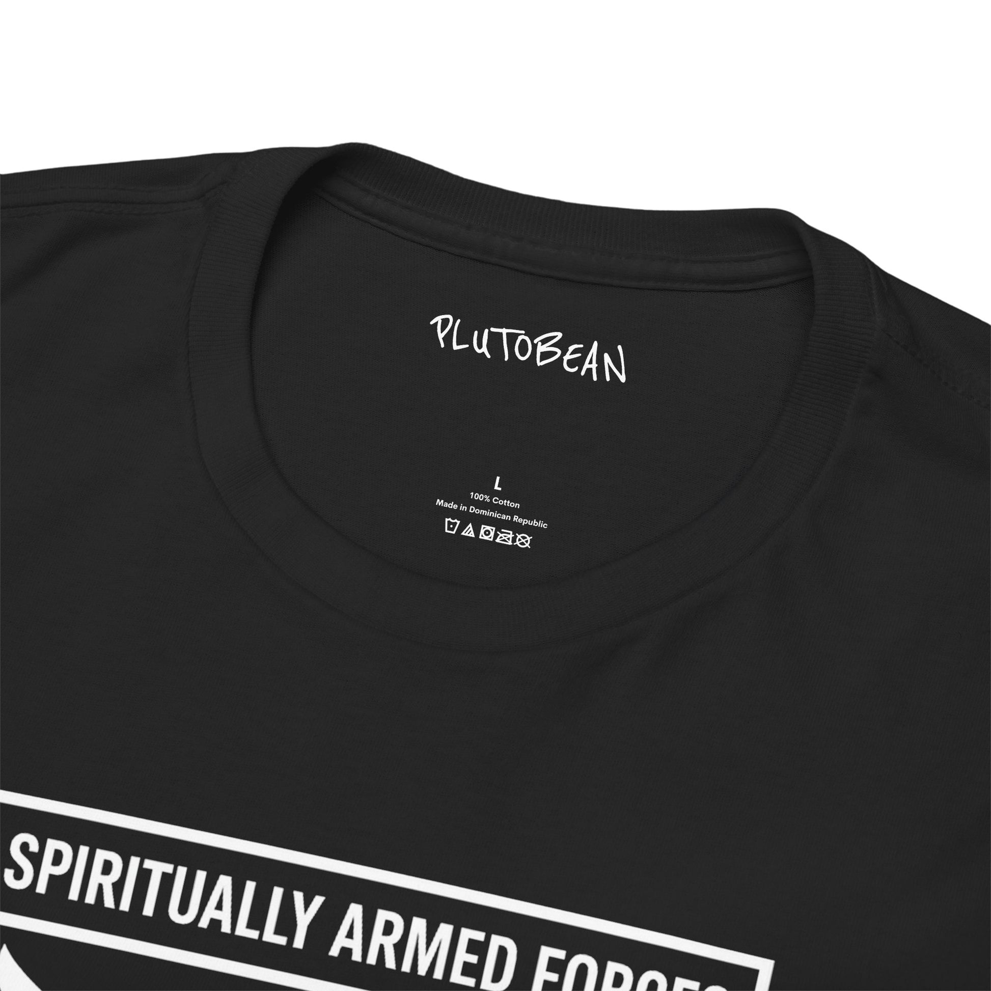 Black t-shirt with 'PLUTOBEAN' branding and text on a white background
