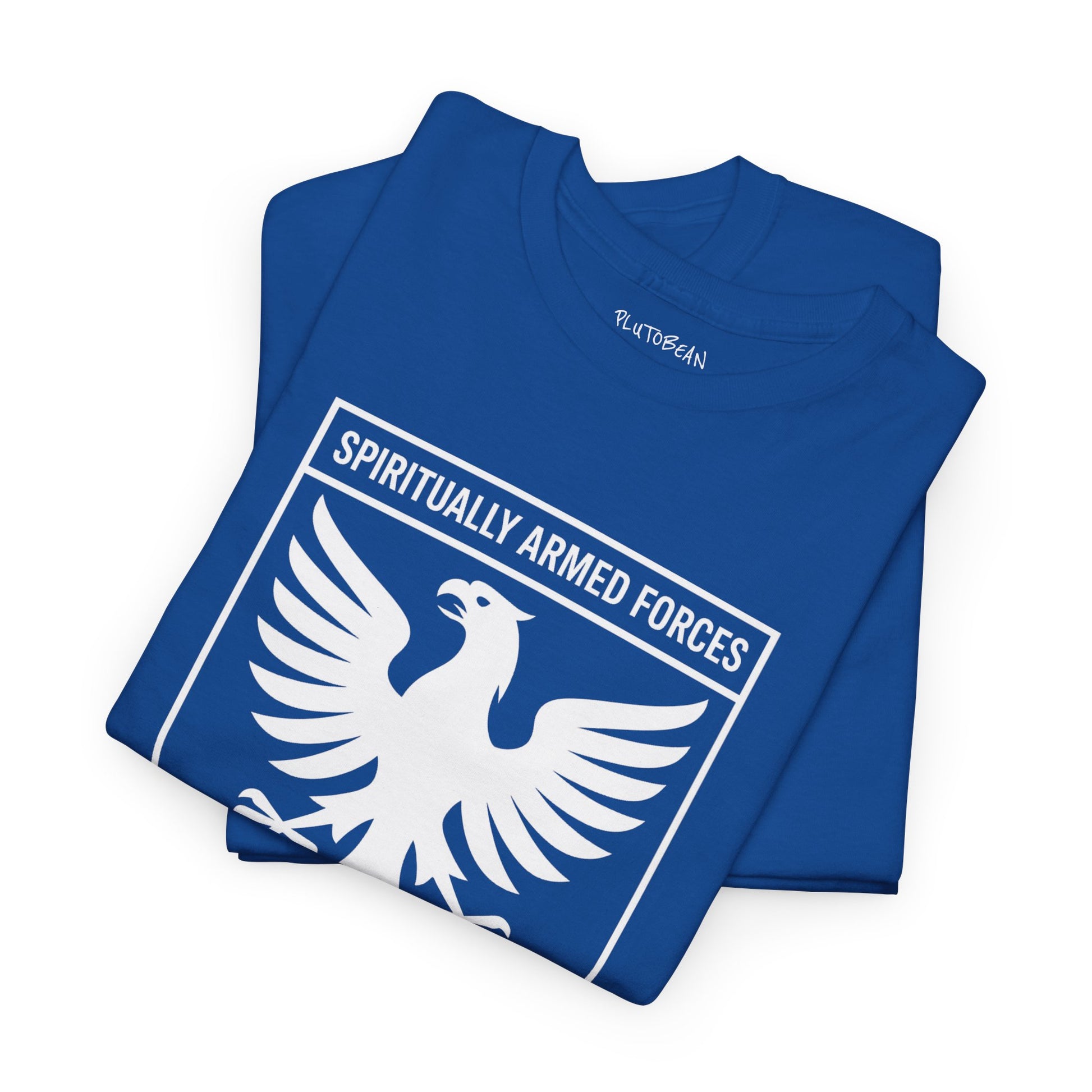 Blue t-shirt with white eagle design and text on a white background