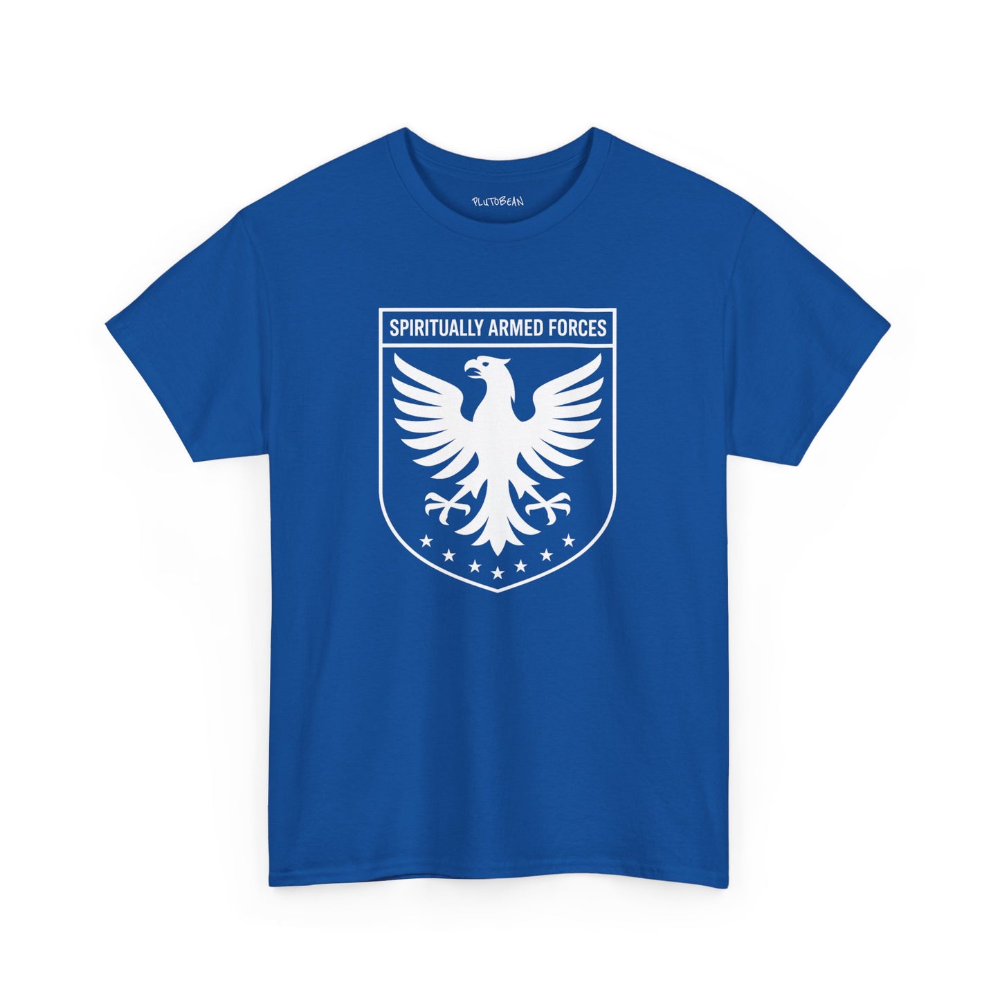 Blue t-shirt with a white eagle emblem and text on a white background