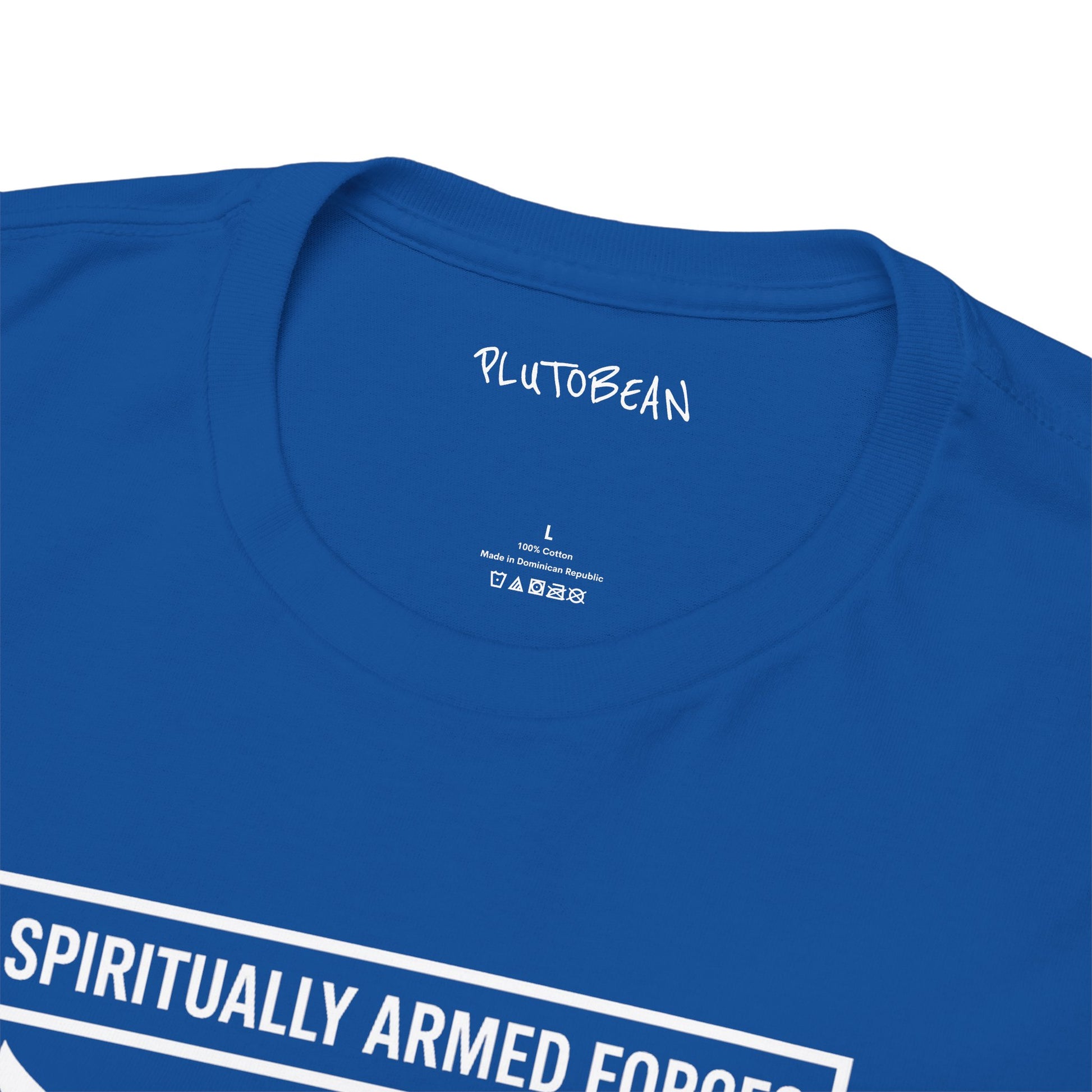 Blue t-shirt with 'PLUTOBEAN' branding and text on a white background