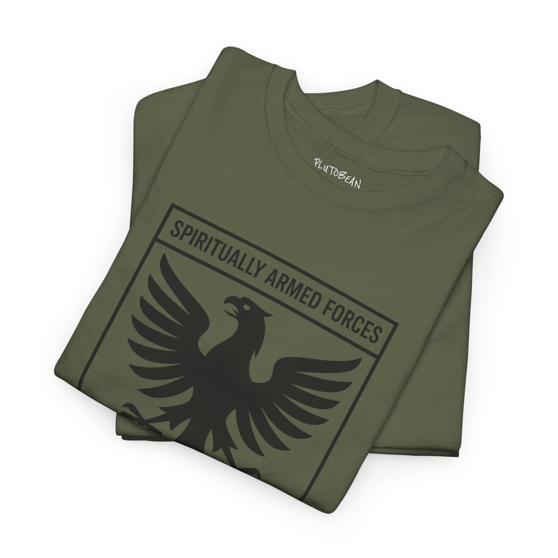 Folded green t-shirt with 'Spiritually Armed Forces' design on a white background