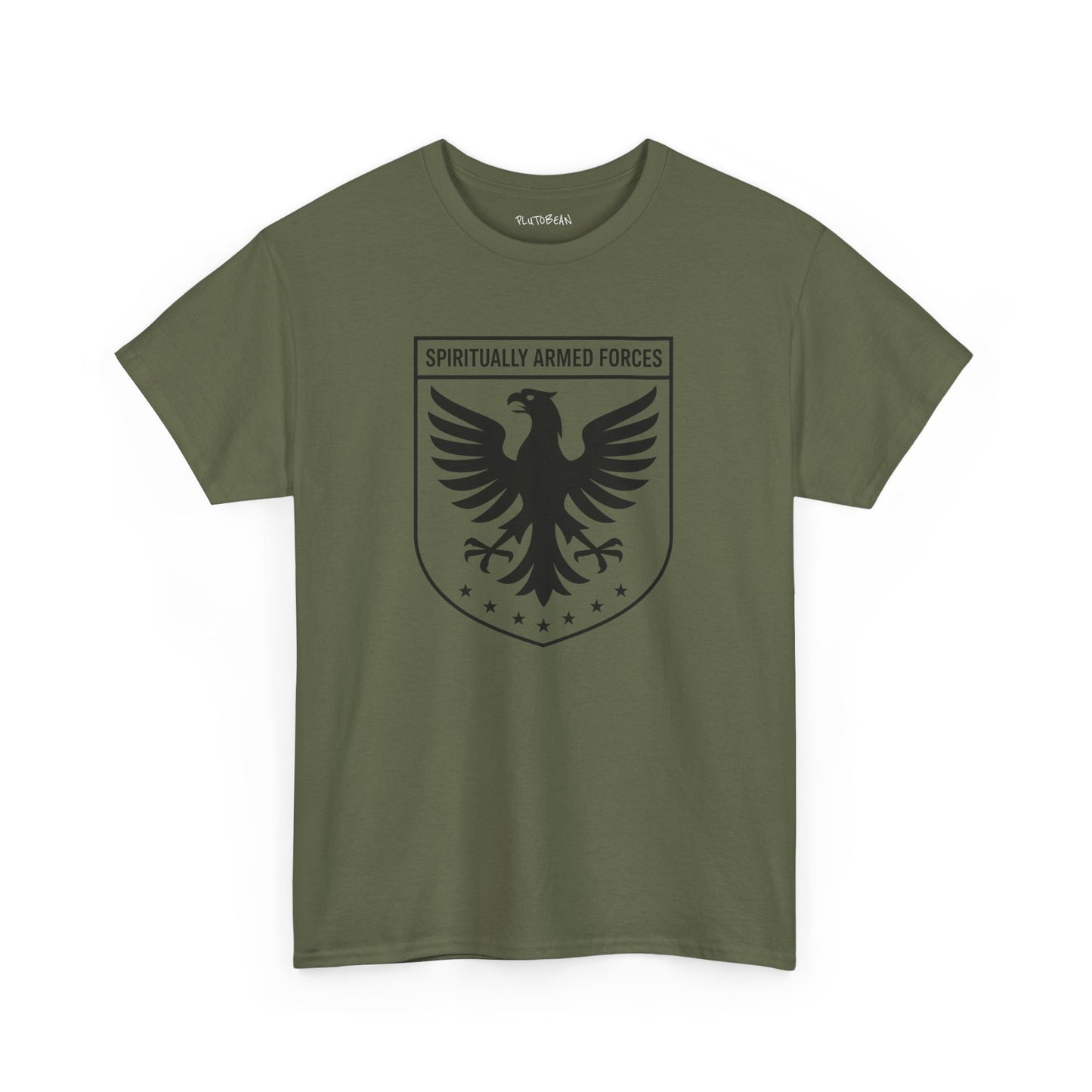 Green t-shirt with an eagle emblem and text on a white background