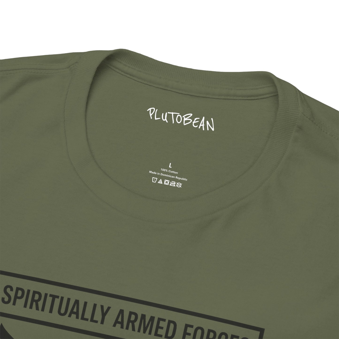 Green t-shirt with 'PLUTO BEAN' branding and text on a white background