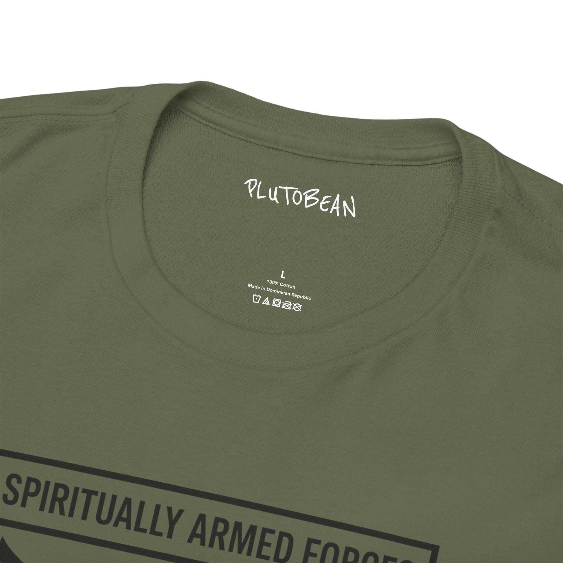 Green t-shirt with 'PLUTO BEAN' branding and text on a white background
