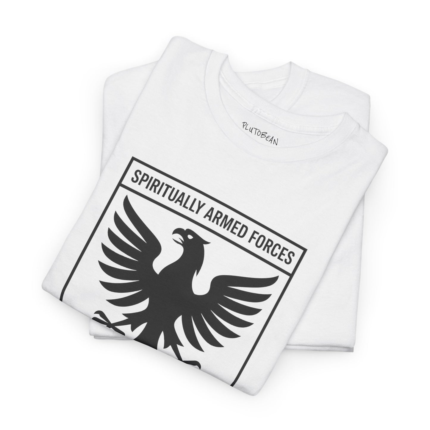 White t-shirt with black eagle design and 'Spiritually Armed Forces' text on a white background