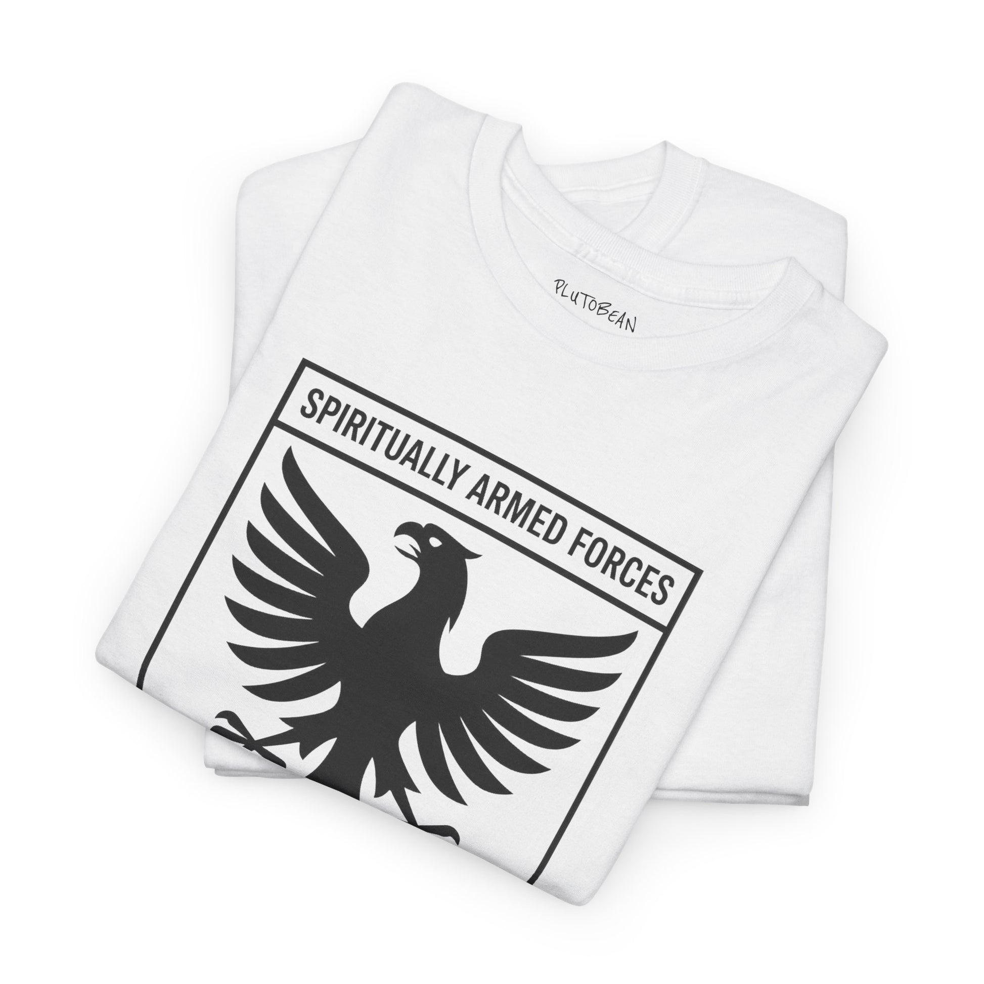 White t-shirt with black eagle design and 'Spiritually Armed Forces' text on a white background