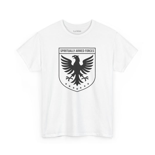 White t-shirt with black eagle emblem and text on a white background
