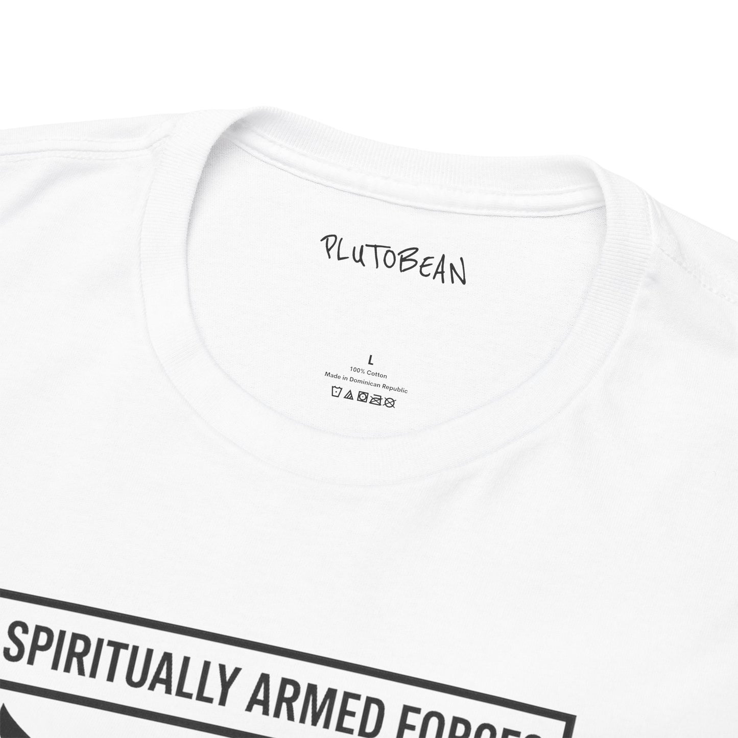 White t-shirt with 'PLUTO BEAN' branding and text on a white background