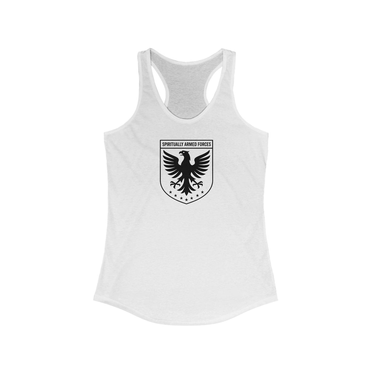 White tank top with black eagle emblem and text on a white background