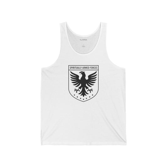 White tank top with black eagle emblem and text on a white background