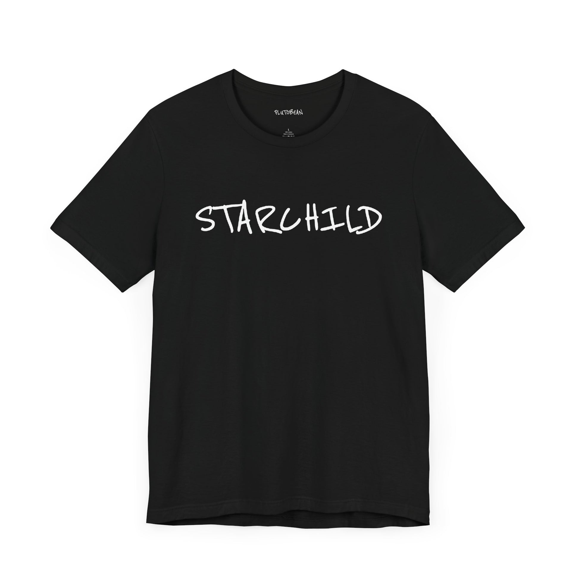 Black t-shirt with handwritten white “STARCHILD” text across the chest