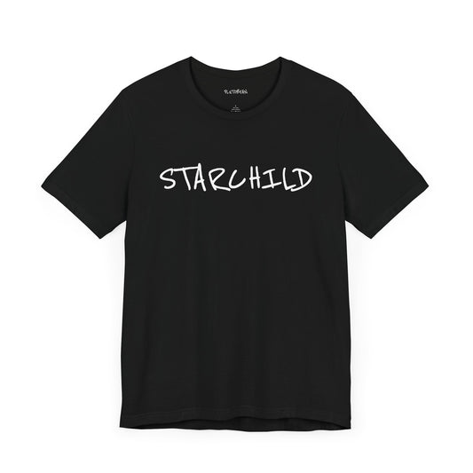 Black t-shirt with handwritten white “STARCHILD” text across the chest