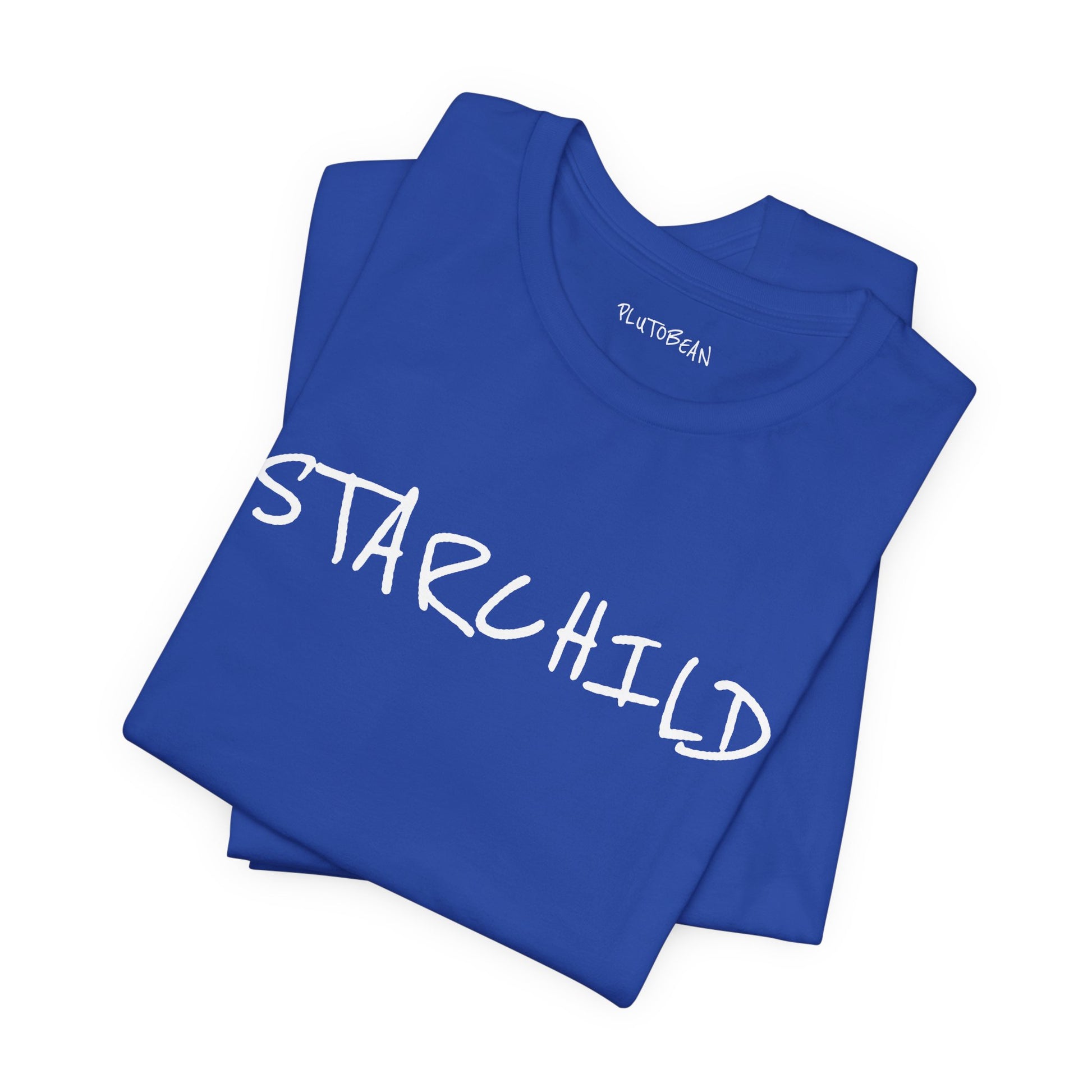 Folded blue tee featuring handwritten “STARCHILD” wordmark in white