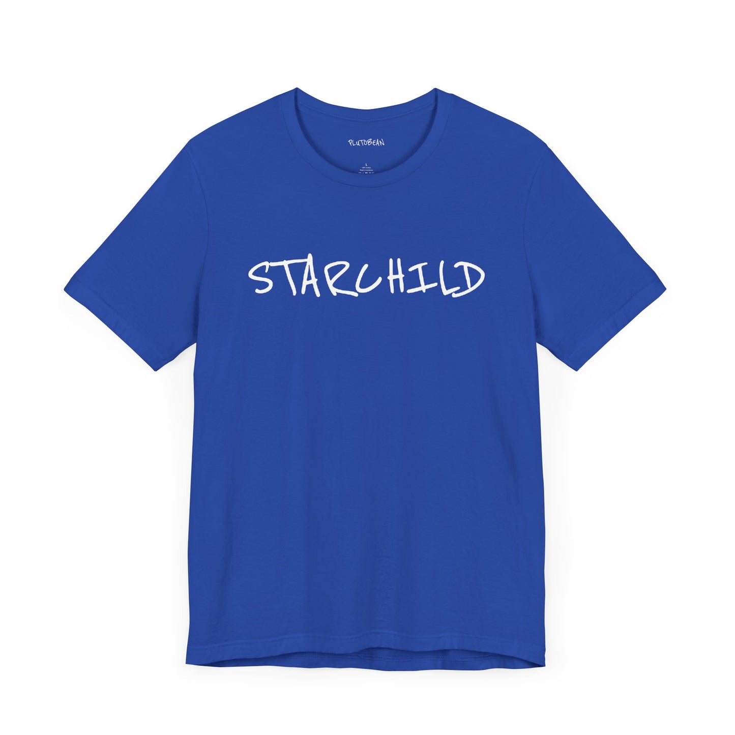 Blue t-shirt with handwritten white “STARCHILD” text across the chest