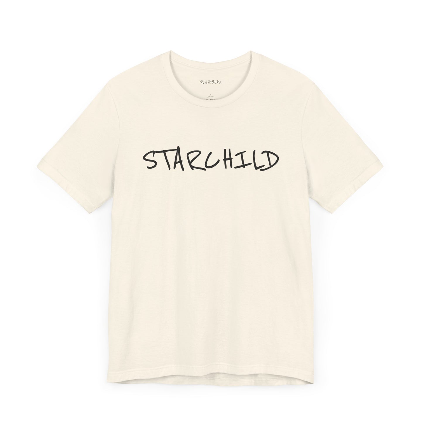 Natural t-shirt with handwritten black “STARCHILD” text across the chest
