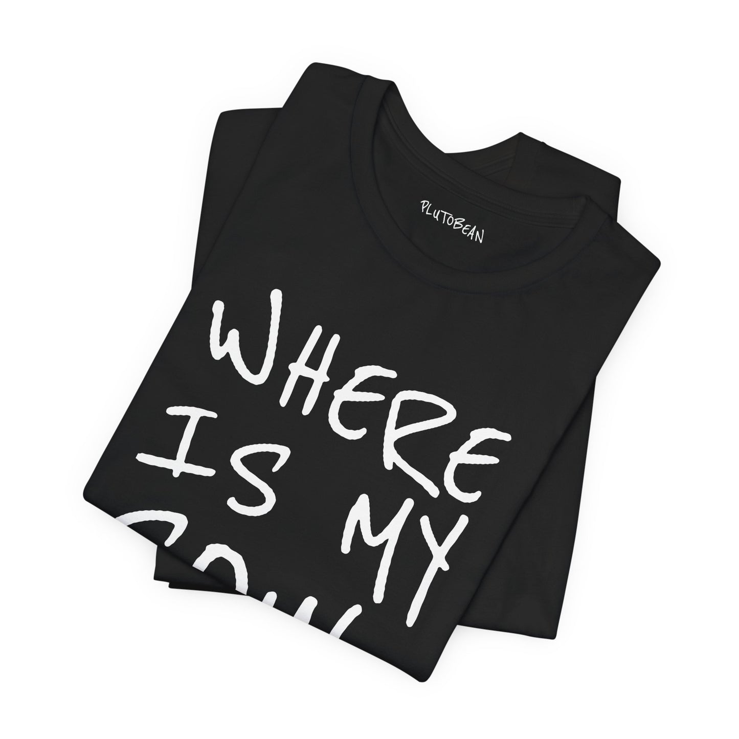 Black “Where Is My Soul Tribe?” t-shirt folded neatly to show front design