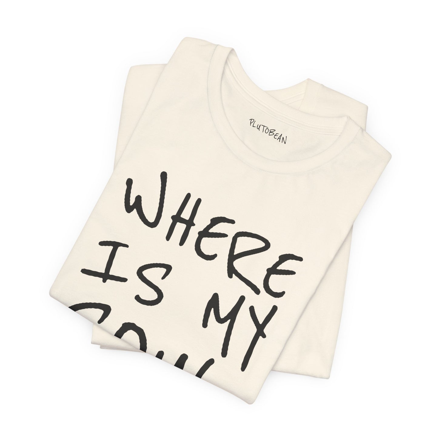 Natural “Where Is My Soul Tribe?” t-shirt folded neatly to show front design