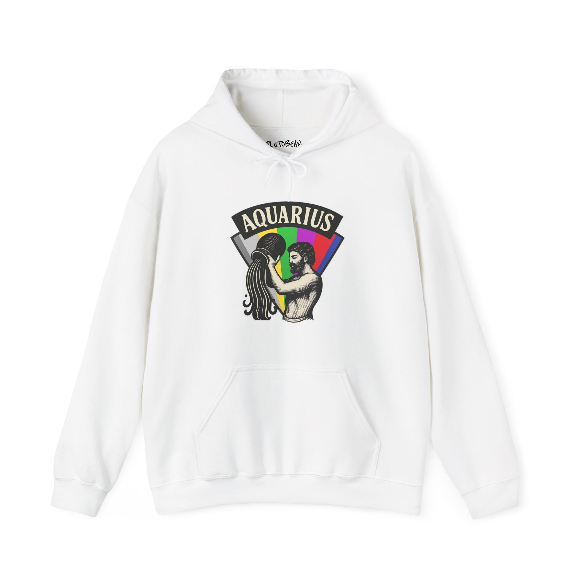 White hoodie with Aquarius zodiac design on a white background