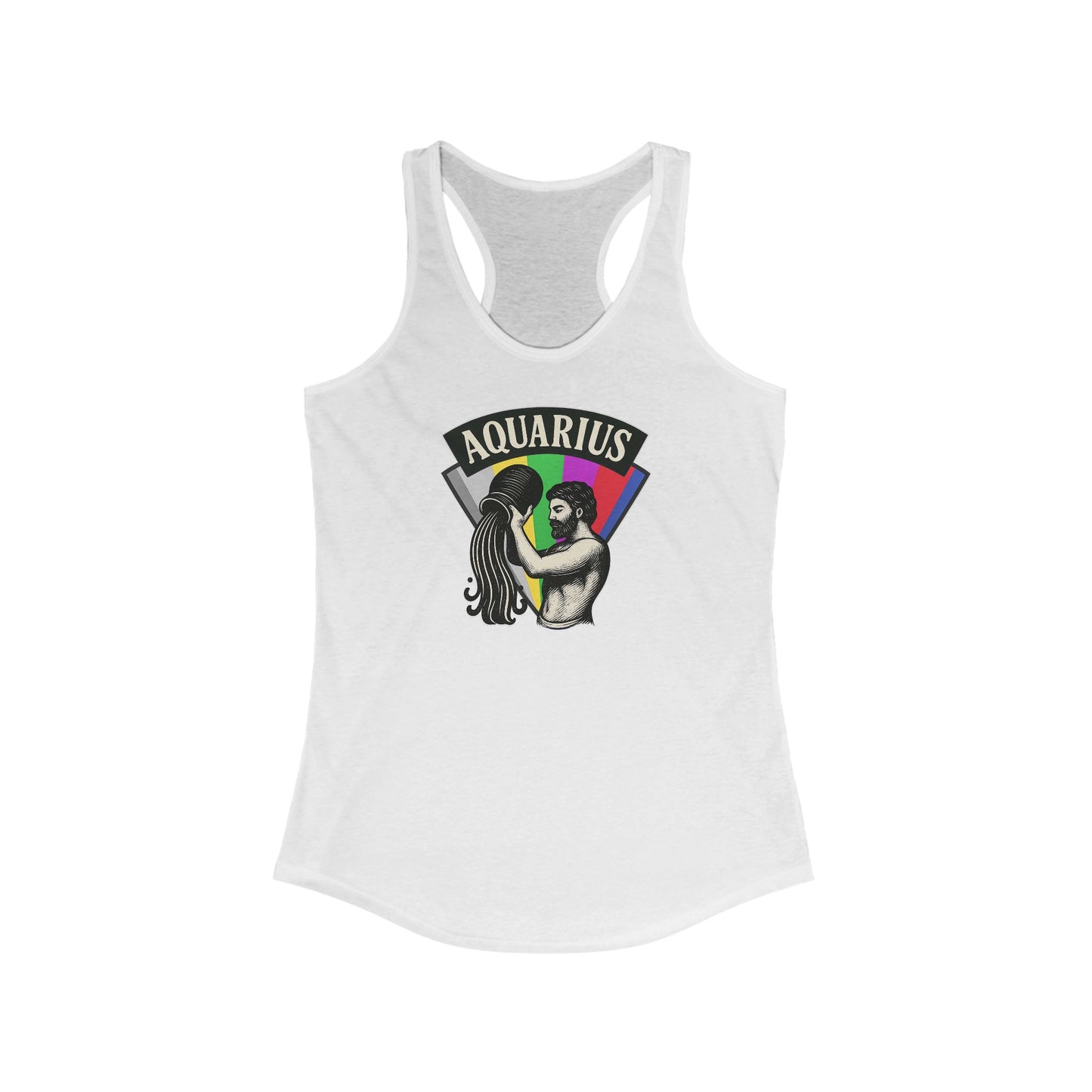 White tank top with Aquarius design featuring a rainbow and zodiac symbol on a white background