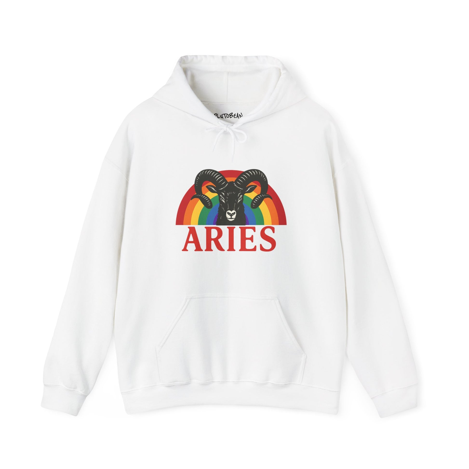 White hoodie with Aries zodiac sign design on a white background