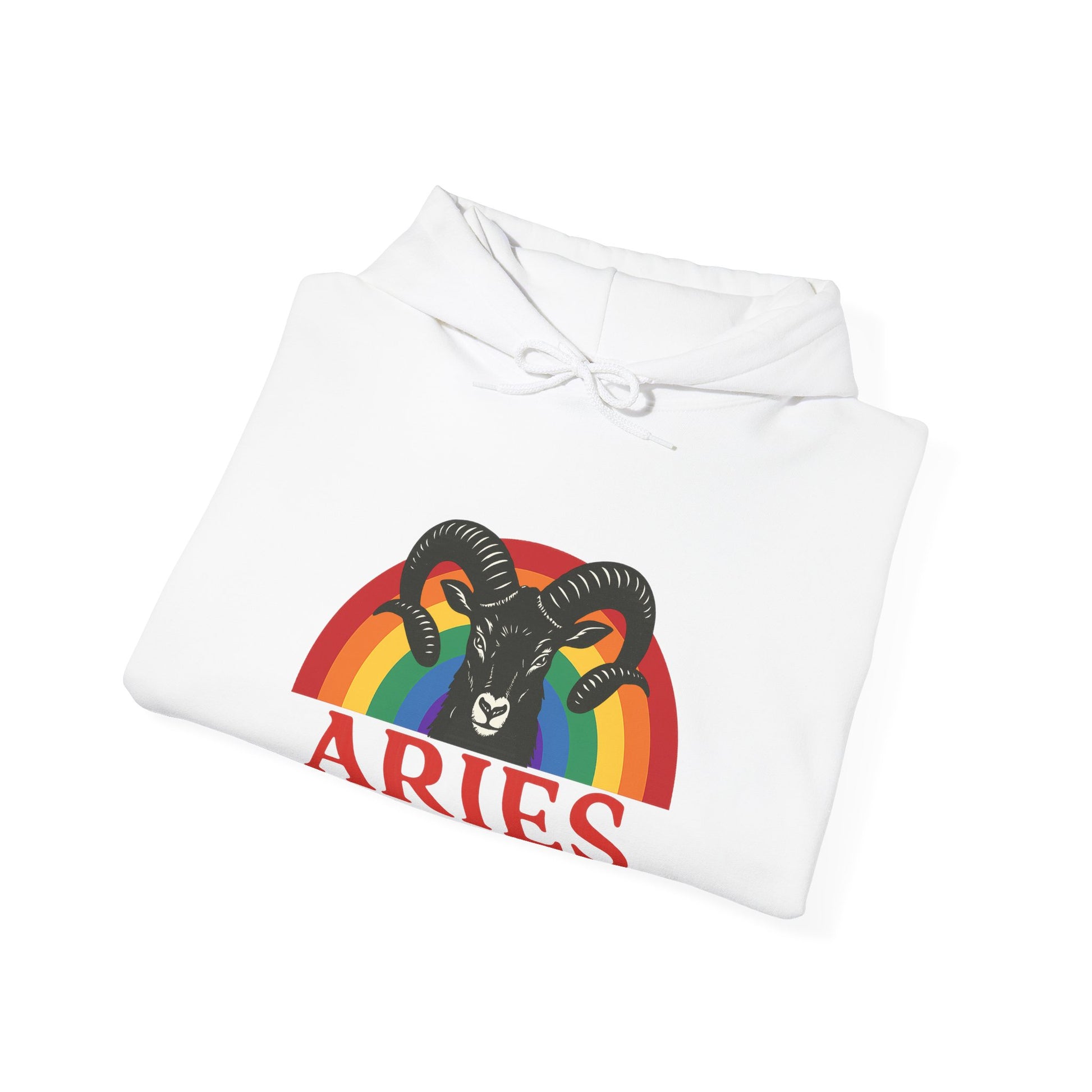 White hoodie with Aries zodiac sign design featuring a rainbow on a white background