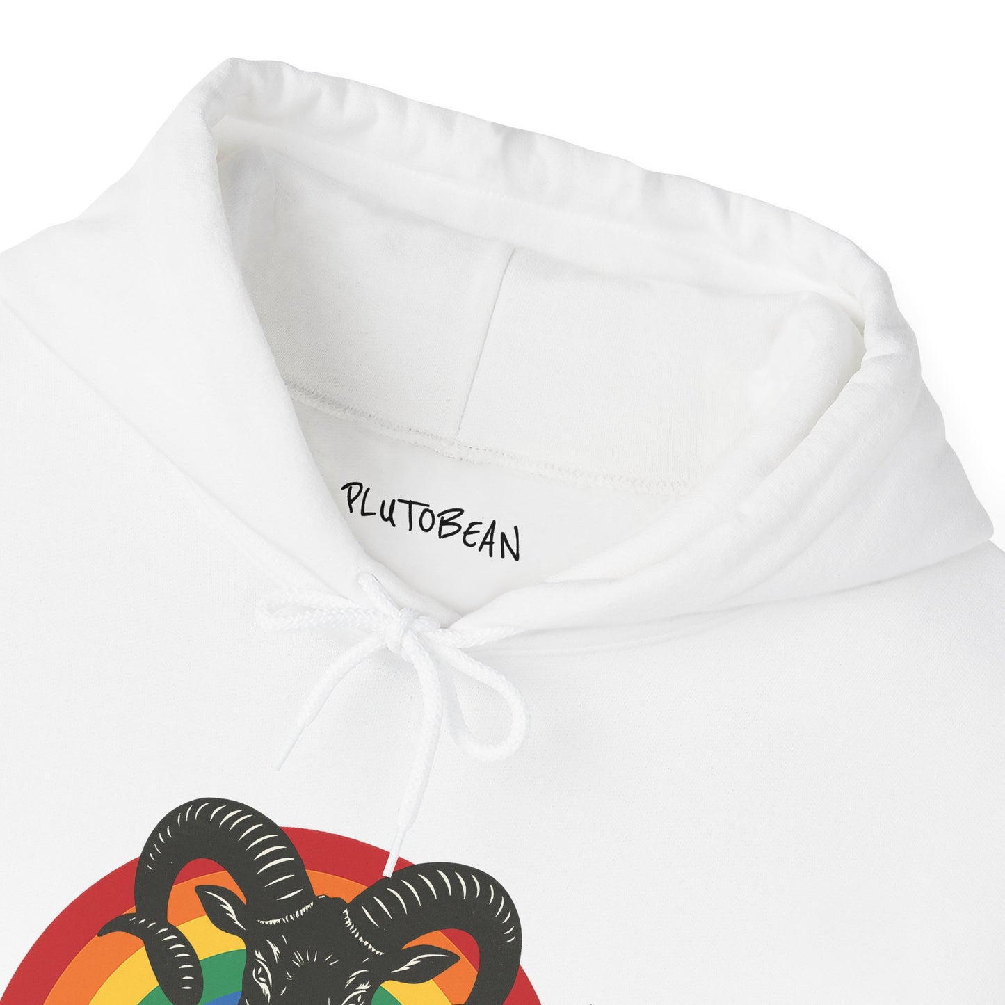 White hoodie with a colorful design and 'PlutoBean' branding on a white background