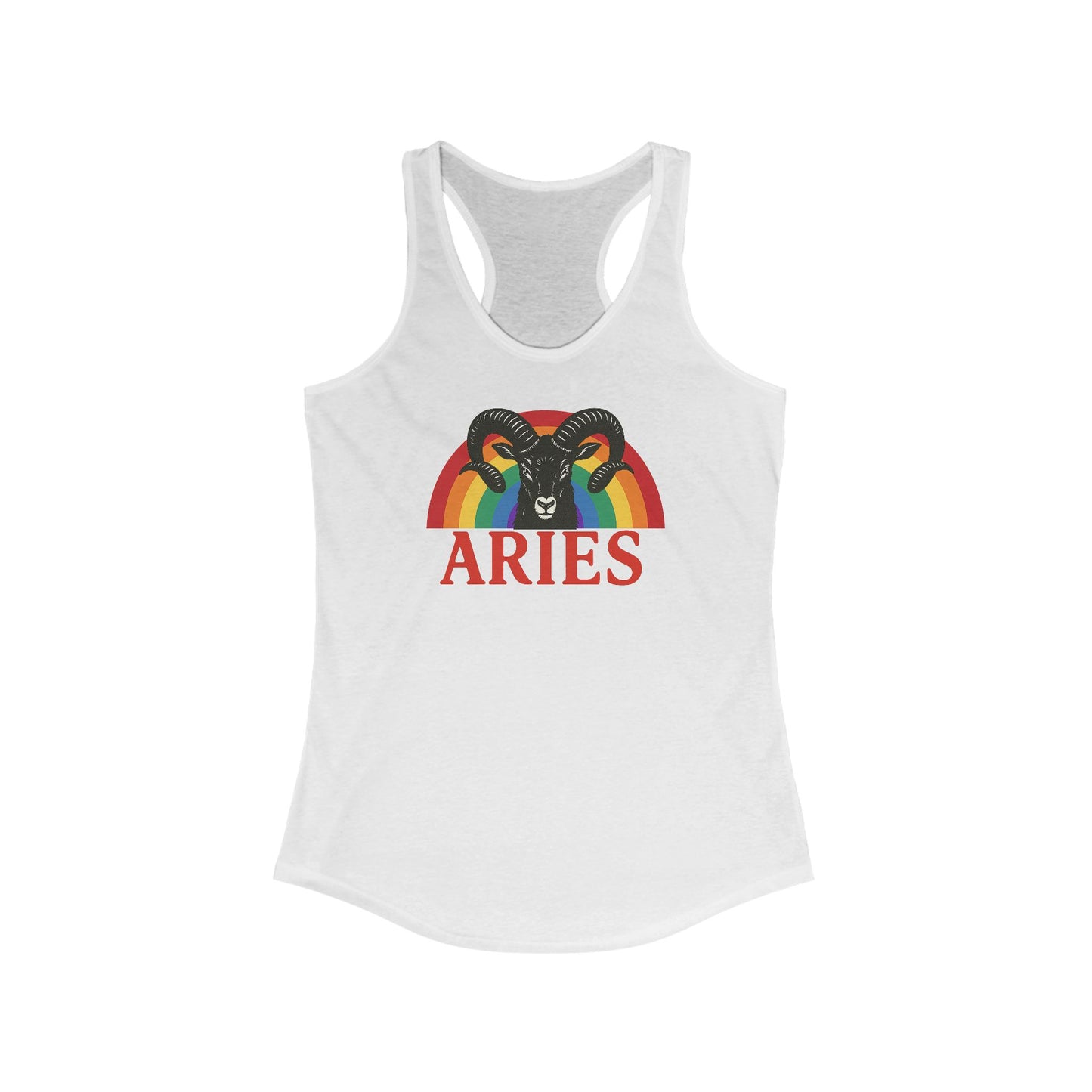 White tank top with Aries zodiac sign design on a white background
