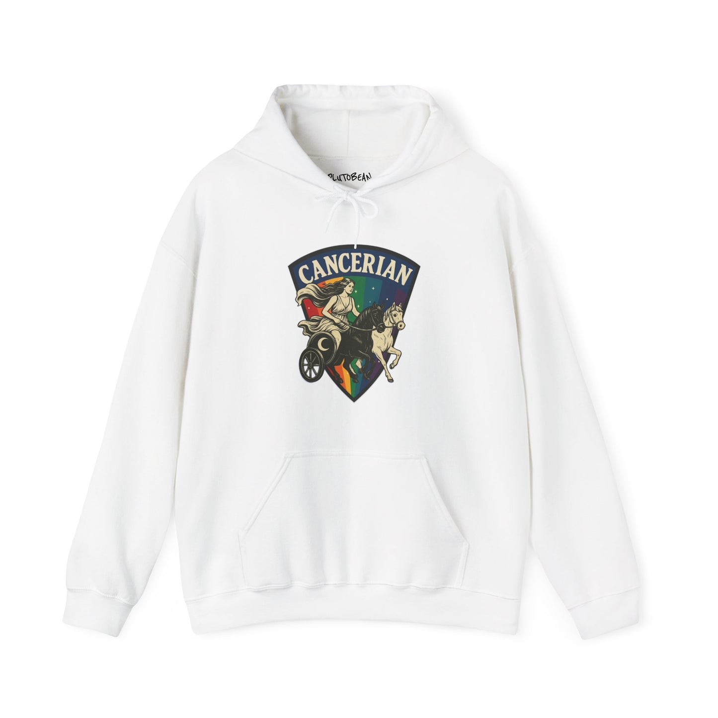 White hoodie with 'Cancerian' design on a white background