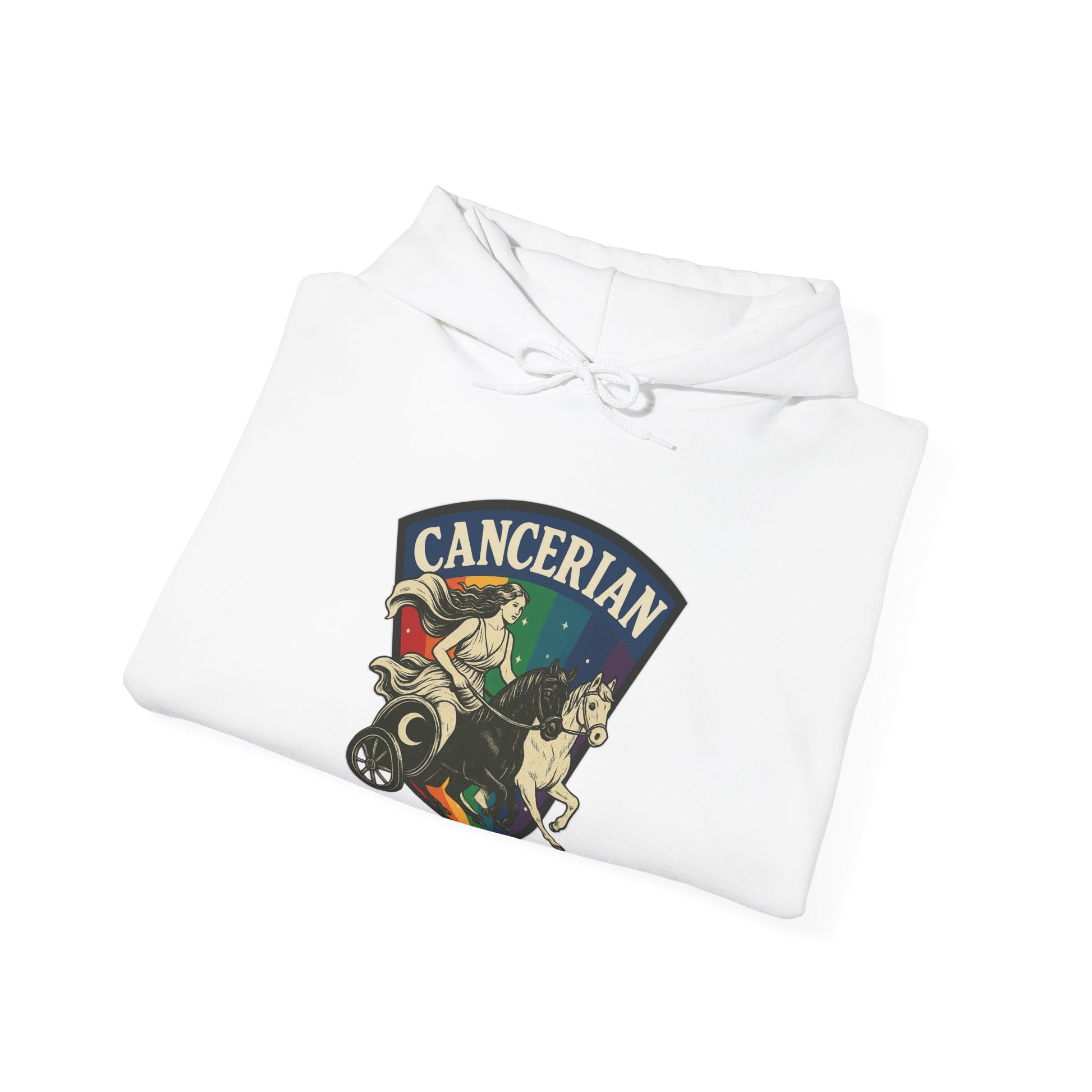 White sweatshirt with Cancerian zodiac design on a white background
