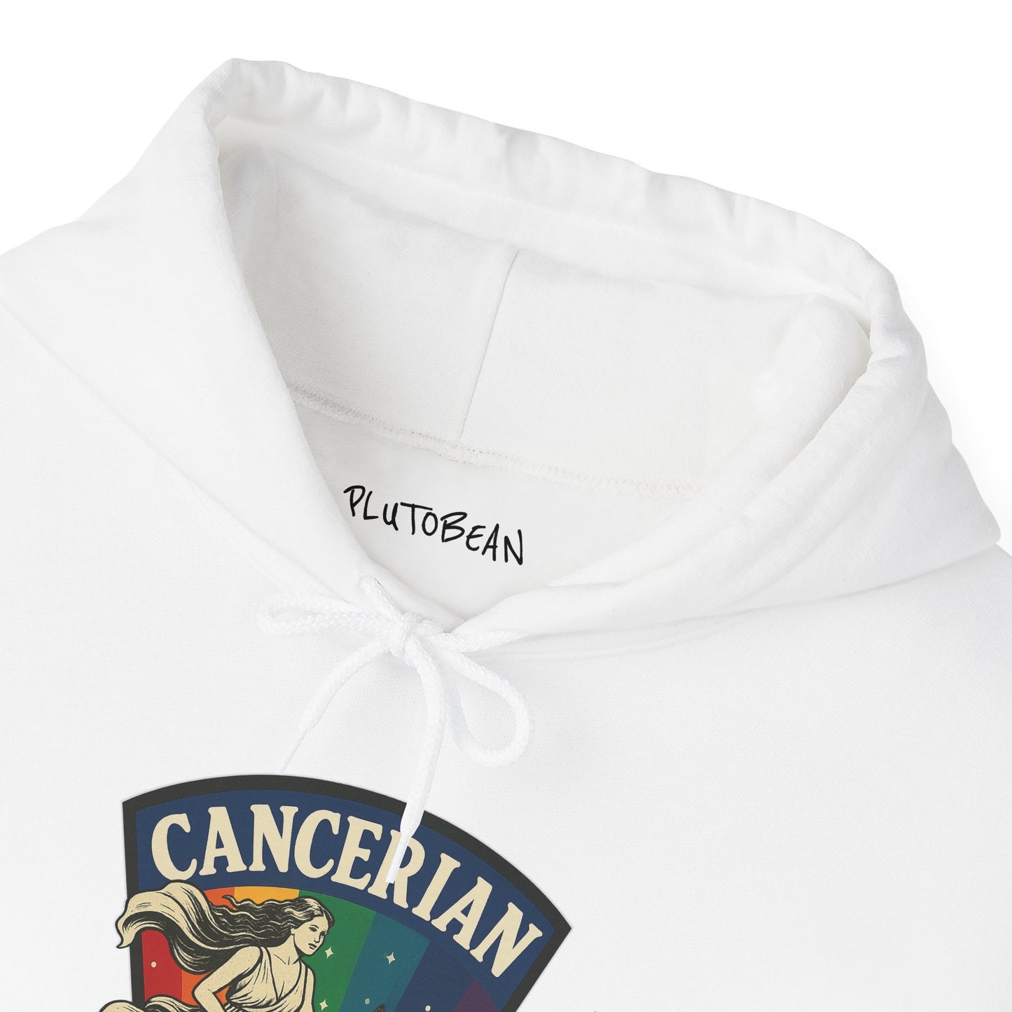 White hoodie with 'PlutoBean' branding and 'Cancerian' design on a white background