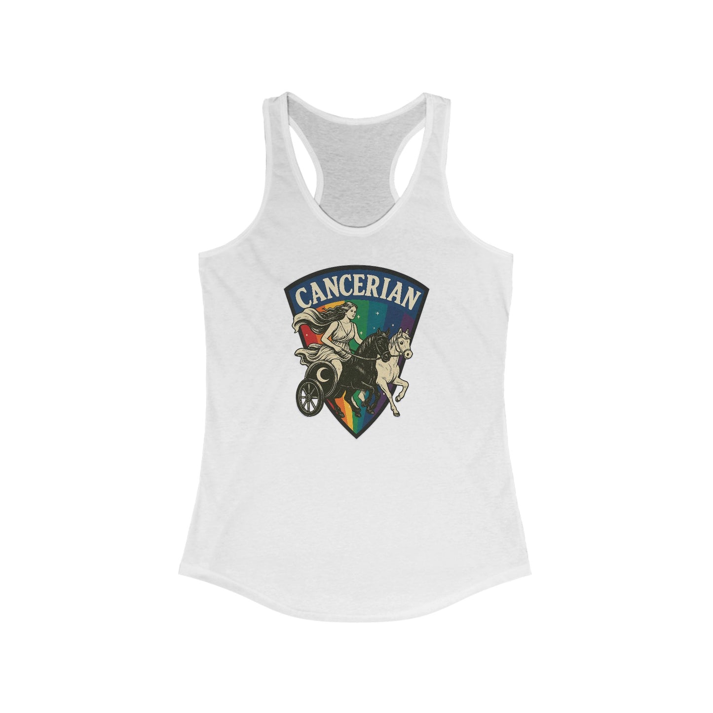 White tank top with 'Cancerian' graphic design on a white background