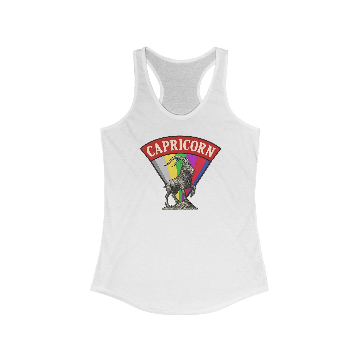White tank top with Capricorn zodiac sign graphic on a white background